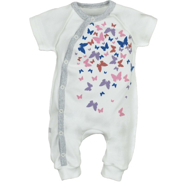 Romperis trumpomis rankovėmis išvirkščiomis siūlėmis Drugeliai Romperis trumpomis rankovėmis išvirkščiomis siūlėmis Drugeliai