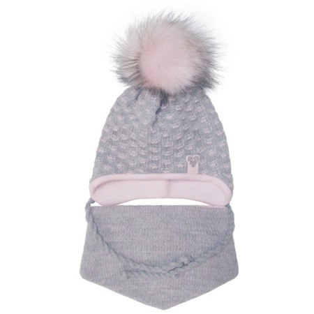 Žieminė kepurė ir šalikas mergaitei (pilka/rausva 44-46 cm) 