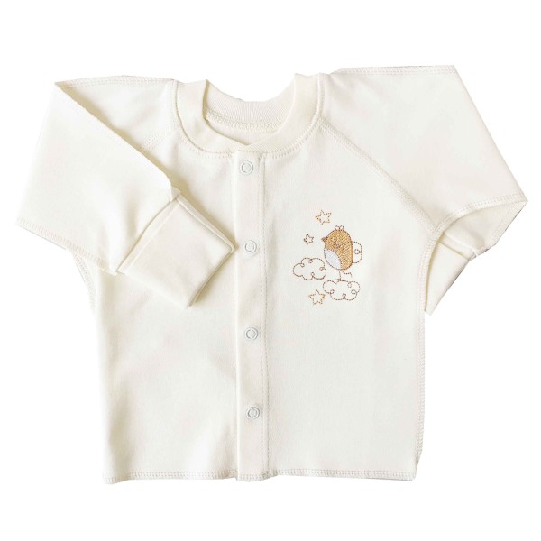 Marškinėliai kūdikiui išvirkščiomis siūlėmis su pirštinėmis "Paukščiukas" pieno spl. Marškinėliai kūdikiui išvirkščiomis siūlėmis su pirštinėmis "Paukščiukas" pieno spl.