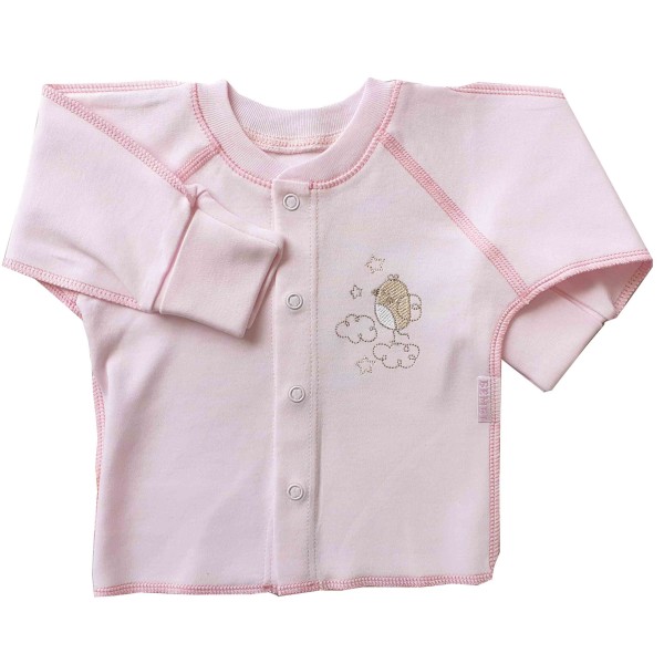 Marškinėliai kūdikiui išvirkščiomis siūlėmis su pirštinėmis "Paukščiukas" rausvi Marškinėliai kūdikiui išvirkščiomis siūlėmis su pirštinėmis "Paukščiukas" rausvi