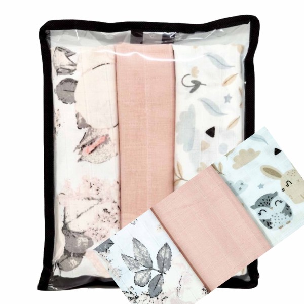 Muslino vystyklų komplektas 3 vnt. 60*80 cm Muslino vystyklų komplektas 3 vnt. 60*80 cm