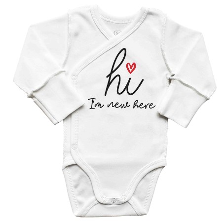 Smėlinukas naujagimiui išvirkščiomis siūlėmis "Hi Im new here"